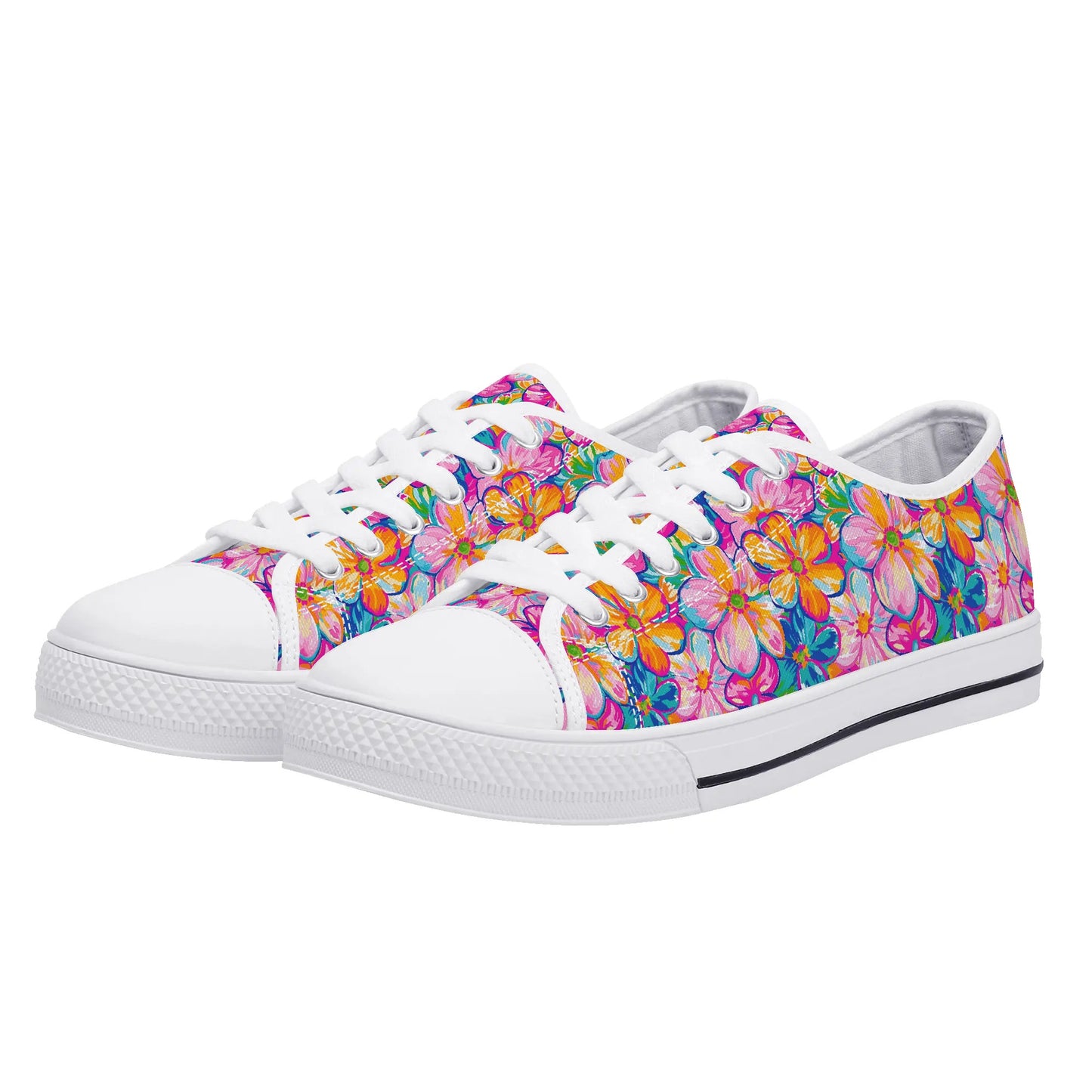 Chromatic Blossoms: Large Watercolor Flowers in Mixed Pinks, Blues, and Oranges Womens Low Top Canvas Sneakers US5.5 - US12