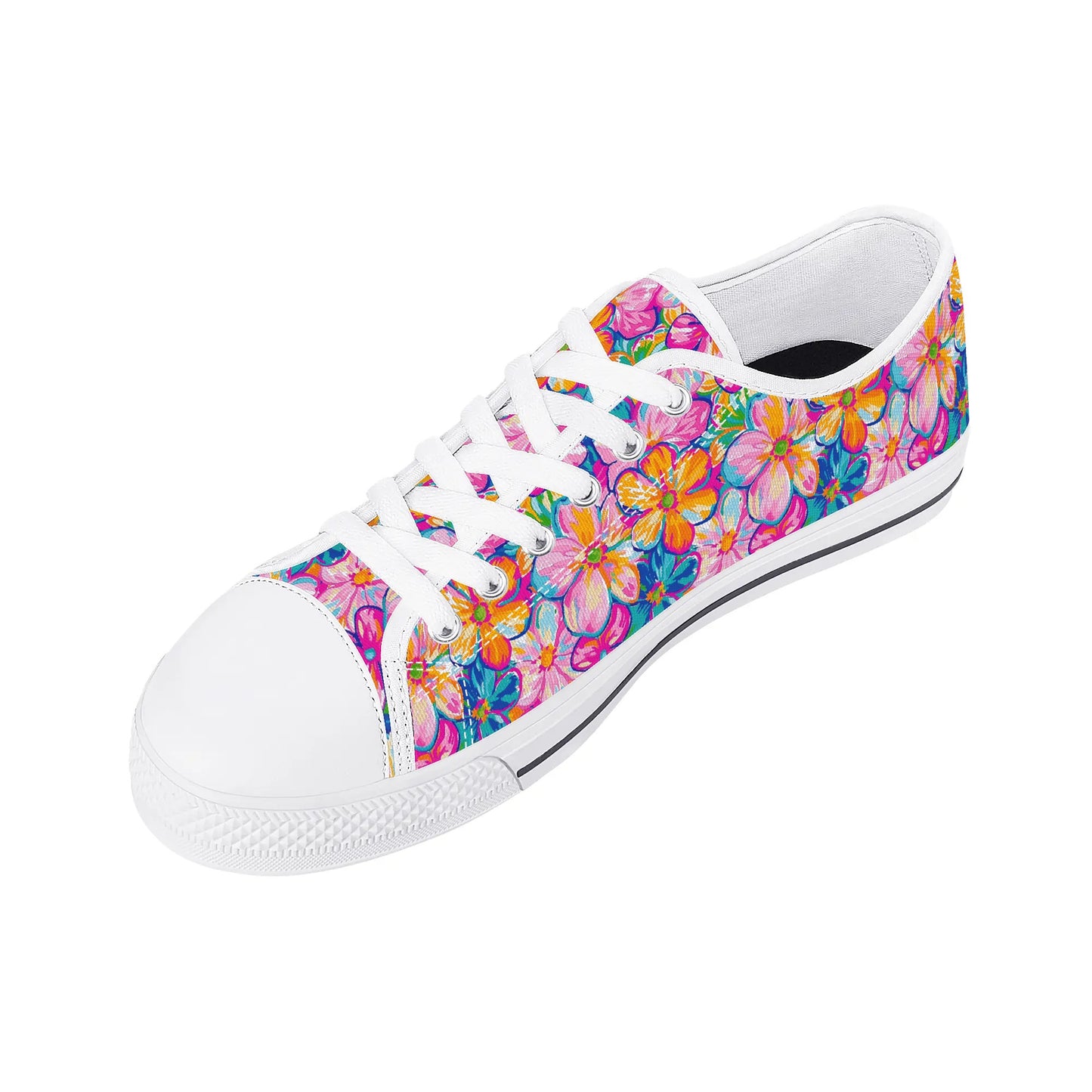 Chromatic Blossoms: Large Watercolor Flowers in Mixed Pinks, Blues, and Oranges Womens Low Top Canvas Sneakers US5.5 - US12