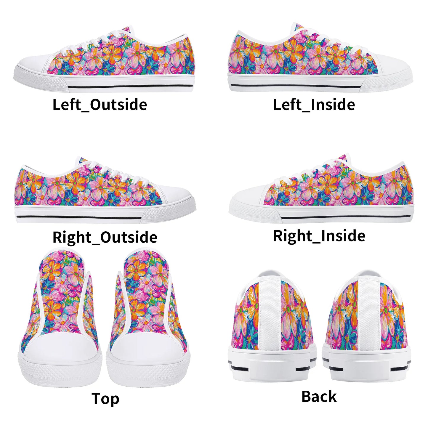 Chromatic Blossoms: Large Watercolor Flowers in Mixed Pinks, Blues, and Oranges Womens Low Top Canvas Sneakers US5.5 - US12