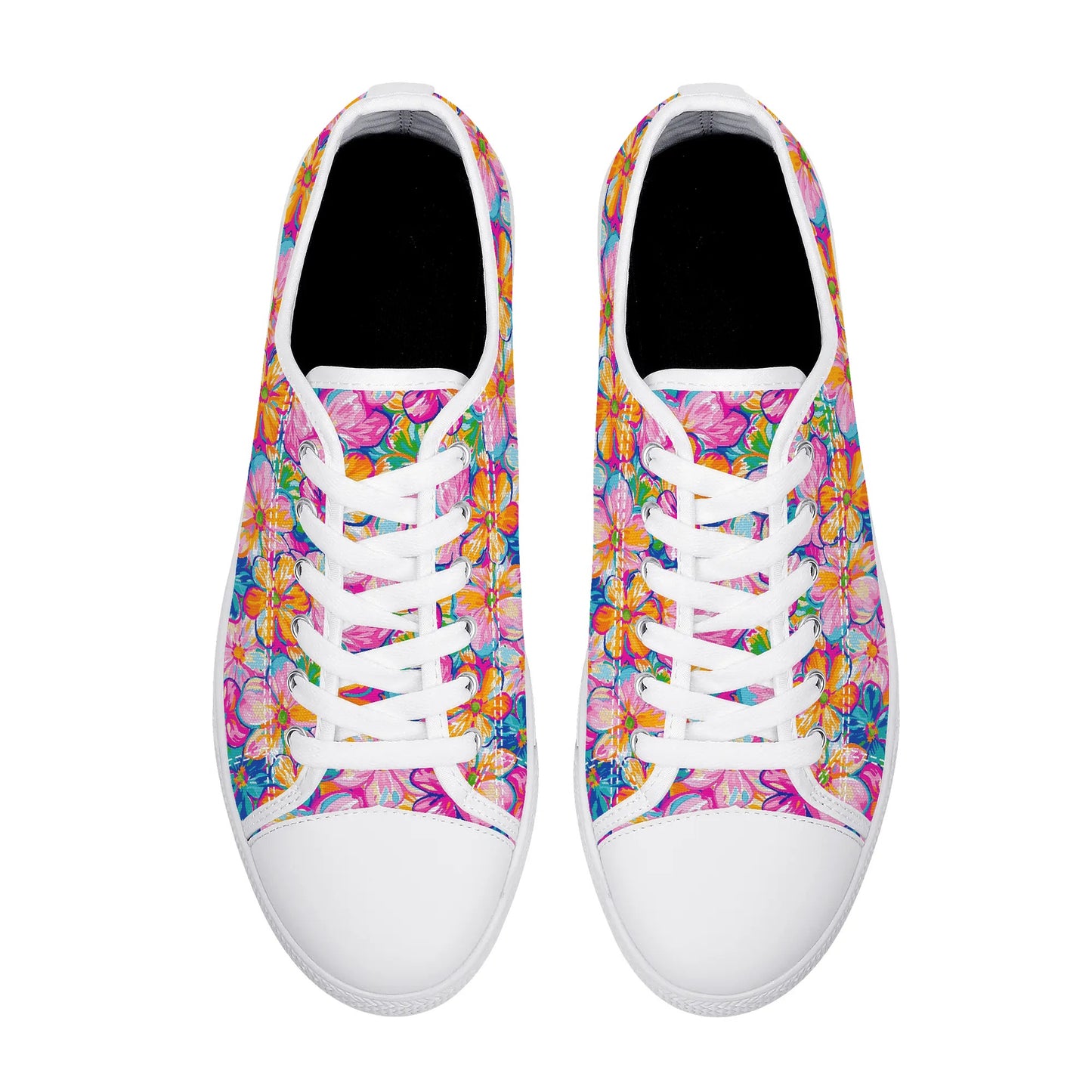 Chromatic Blossoms: Large Watercolor Flowers in Mixed Pinks, Blues, and Oranges Womens Low Top Canvas Sneakers US5.5 - US12