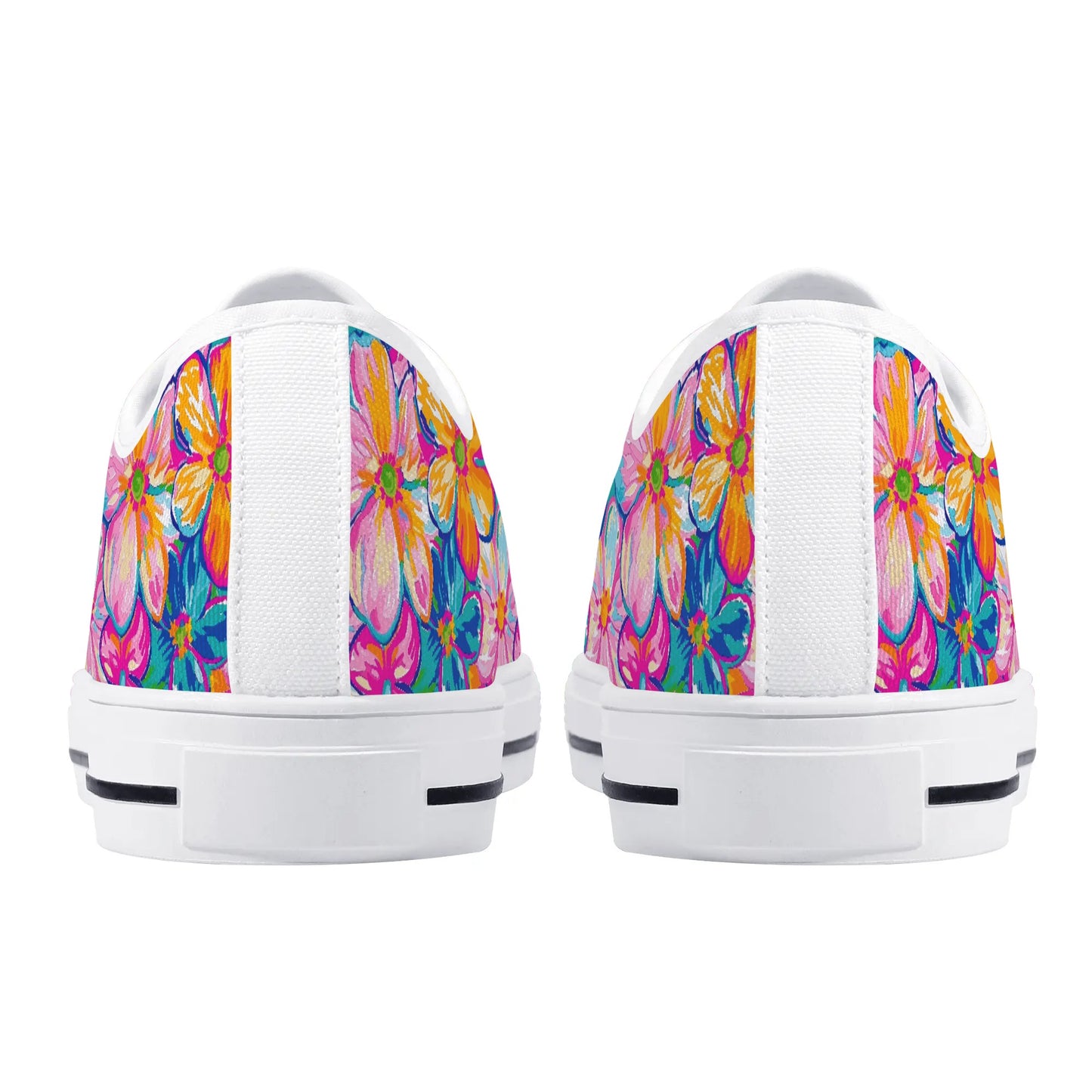 Chromatic Blossoms: Large Watercolor Flowers in Mixed Pinks, Blues, and Oranges Womens Low Top Canvas Sneakers US5.5 - US12