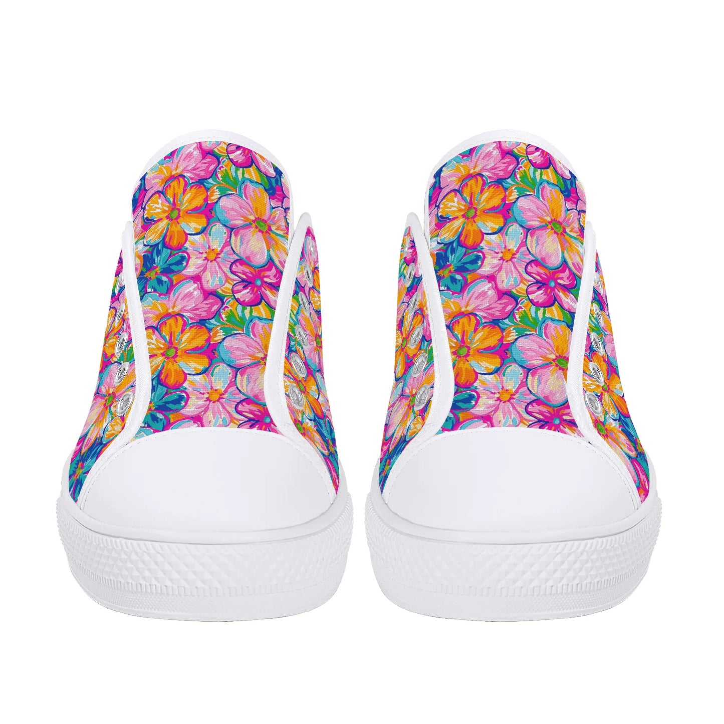 Chromatic Blossoms: Large Watercolor Flowers in Mixed Pinks, Blues, and Oranges Womens Low Top Canvas Sneakers US5.5 - US12