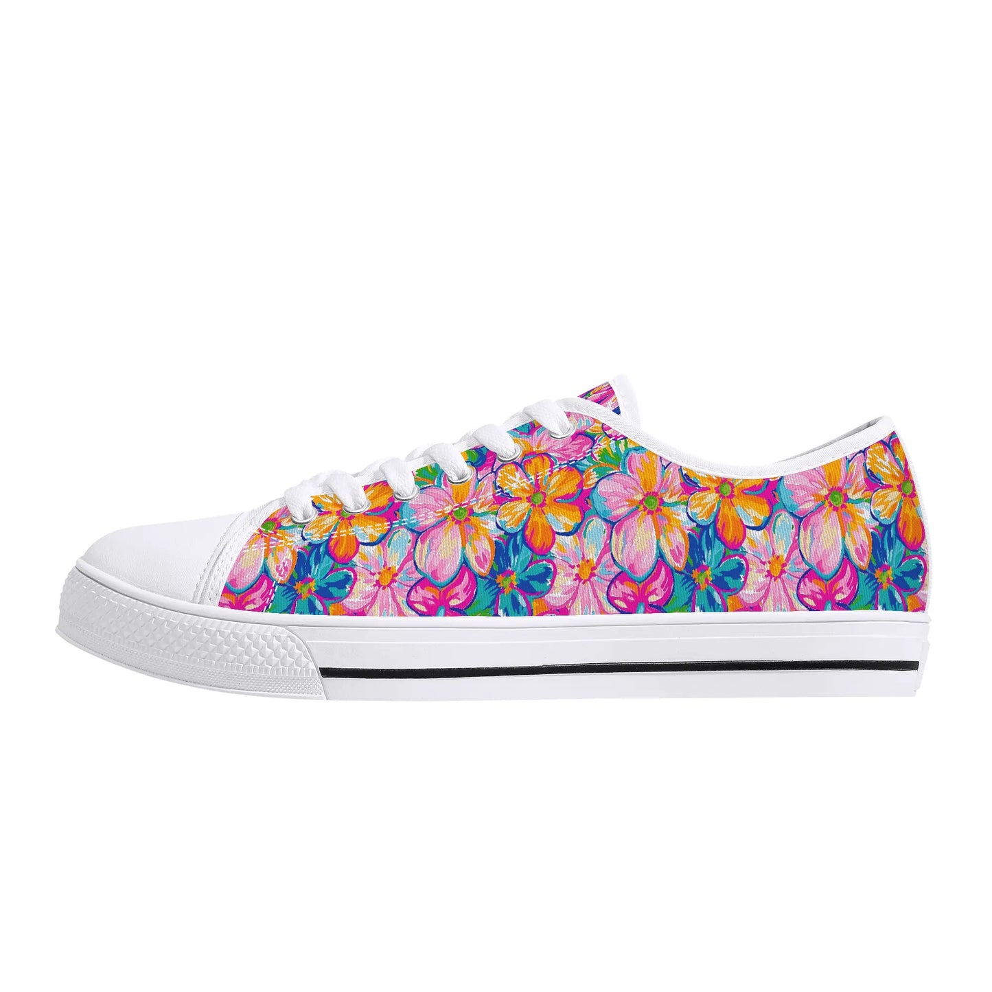 Chromatic Blossoms: Large Watercolor Flowers in Mixed Pinks, Blues, and Oranges Womens Low Top Canvas Sneakers US5.5 - US12