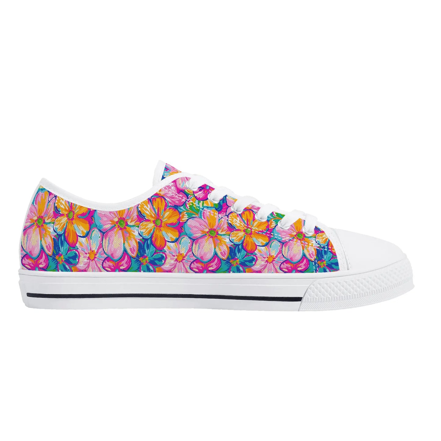 Chromatic Blossoms: Large Watercolor Flowers in Mixed Pinks, Blues, and Oranges Womens Low Top Canvas Sneakers US5.5 - US12