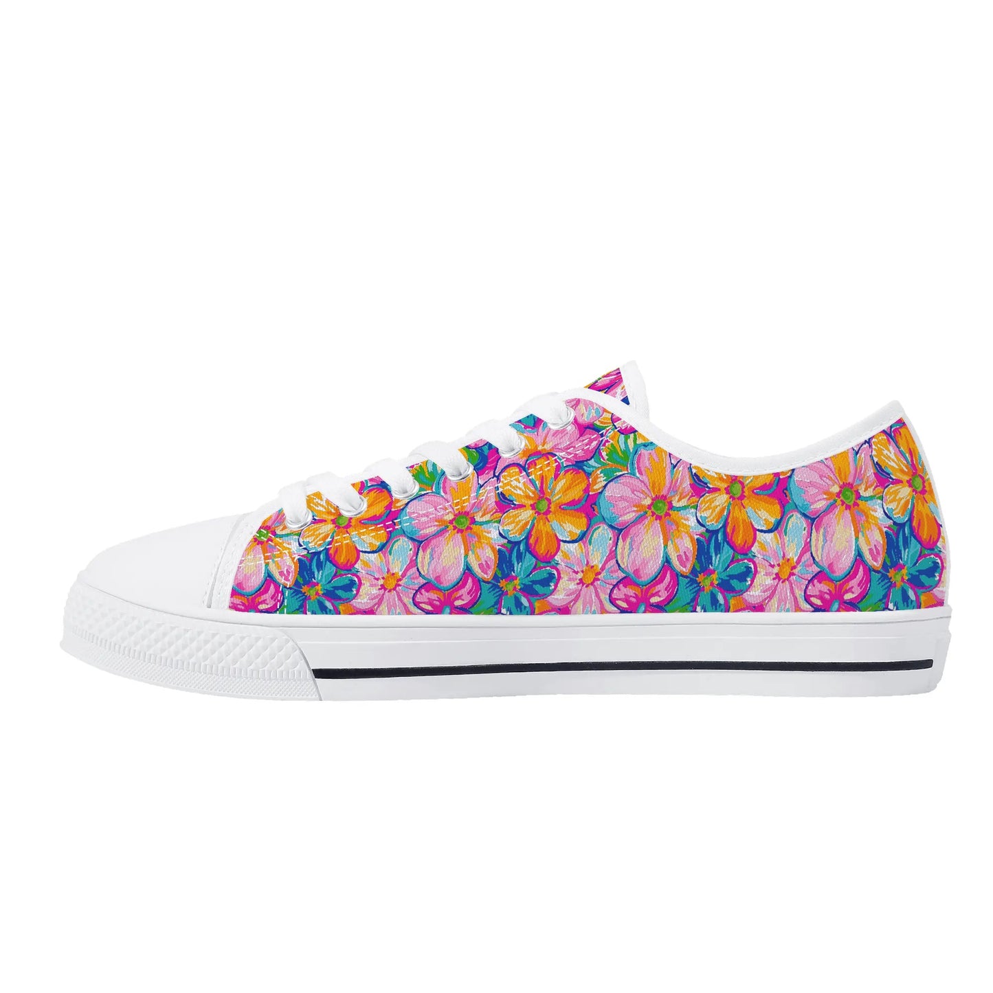 Chromatic Blossoms: Large Watercolor Flowers in Mixed Pinks, Blues, and Oranges Womens Low Top Canvas Sneakers US5.5 - US12