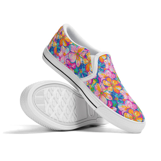 Chromatic Blossoms: Large Watercolor Flowers in Mixed Pinks, Blues, and Oranges Womens Canvas Slip On Shoes US5-US12