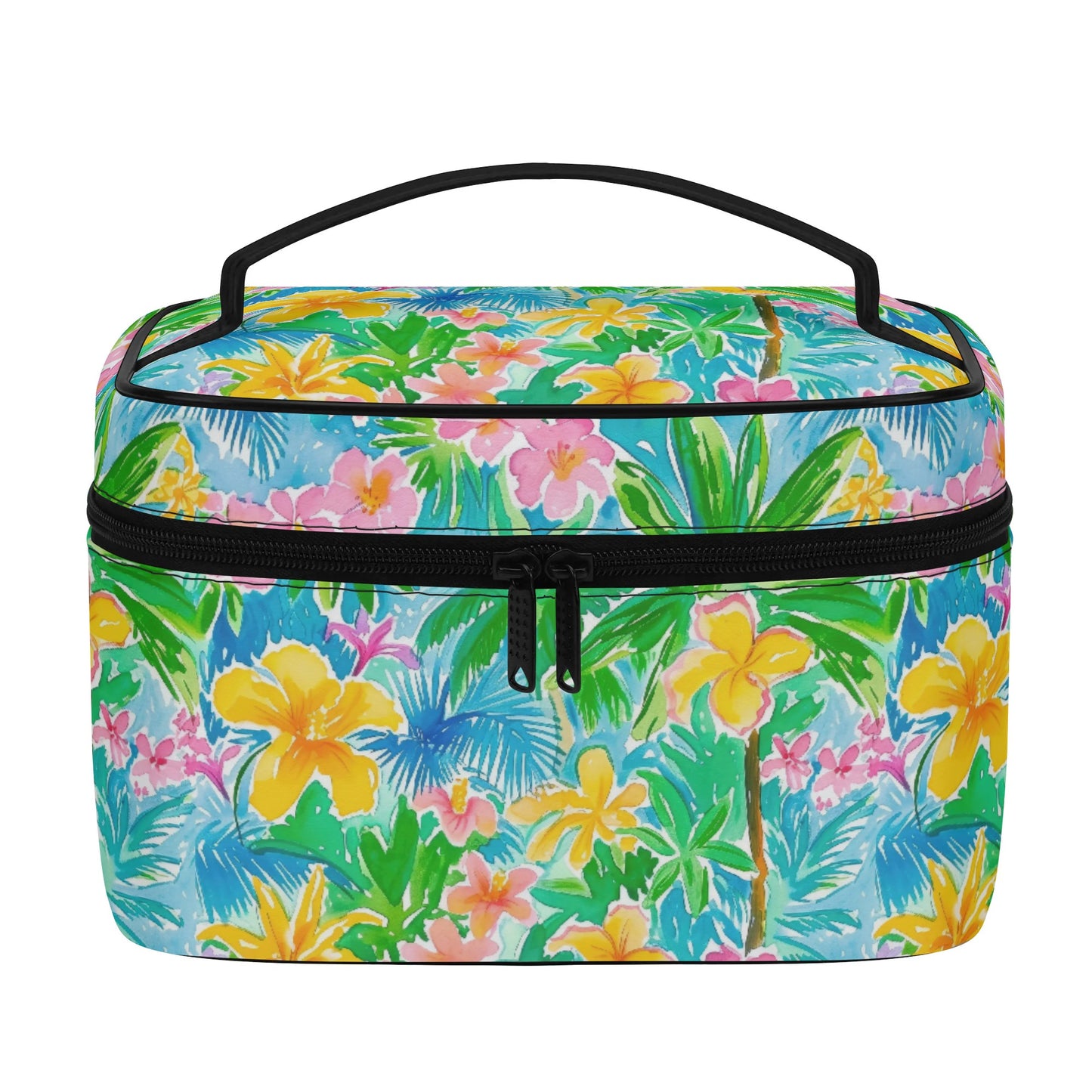 Tropical Harmony: Watercolor Yellow and Pink Hibiscus Flowers with Blue and Green Palm Leaves Cosmetic or Toiletry Bag Faux Leather (PU)