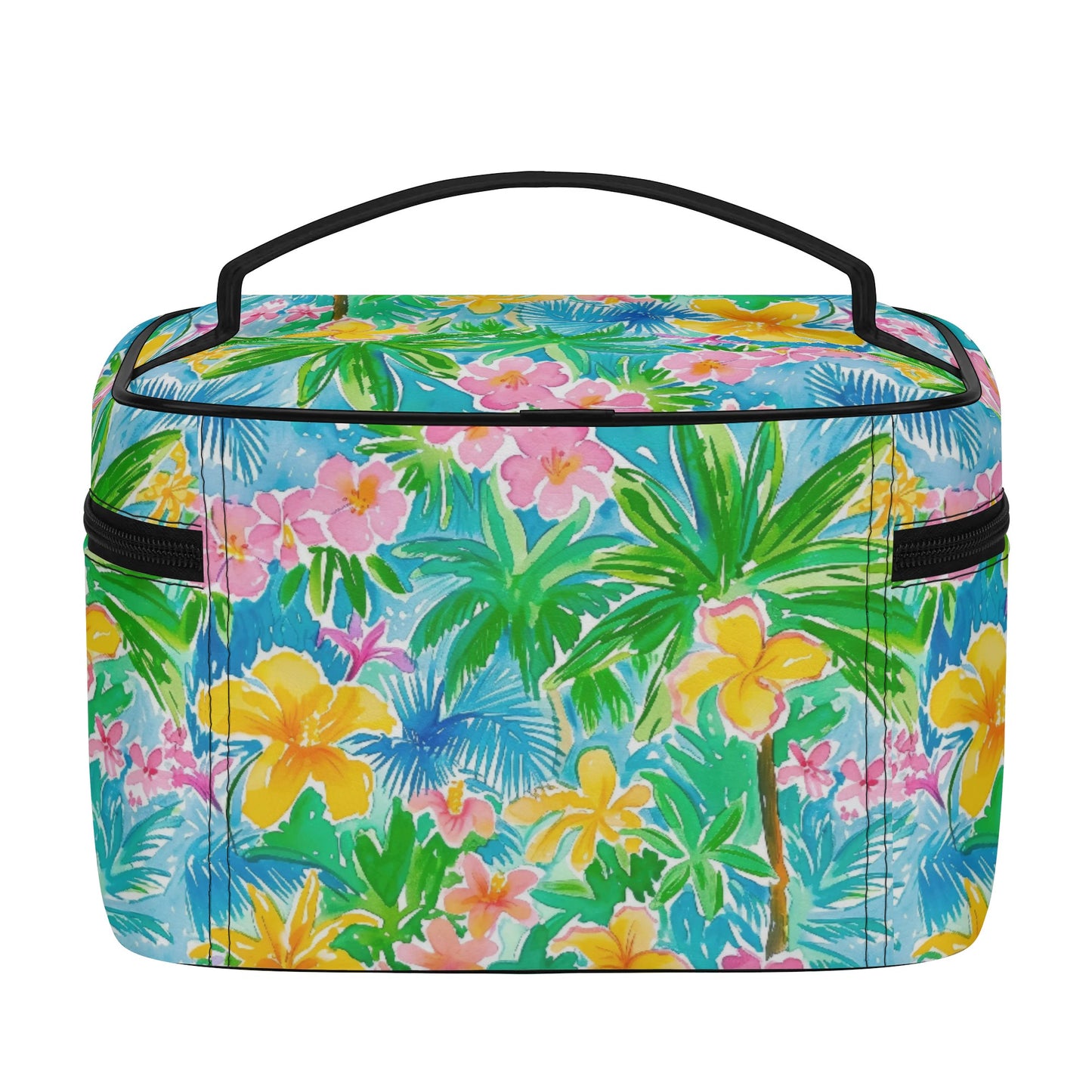 Tropical Harmony: Watercolor Yellow and Pink Hibiscus Flowers with Blue and Green Palm Leaves Cosmetic or Toiletry Bag Faux Leather (PU)