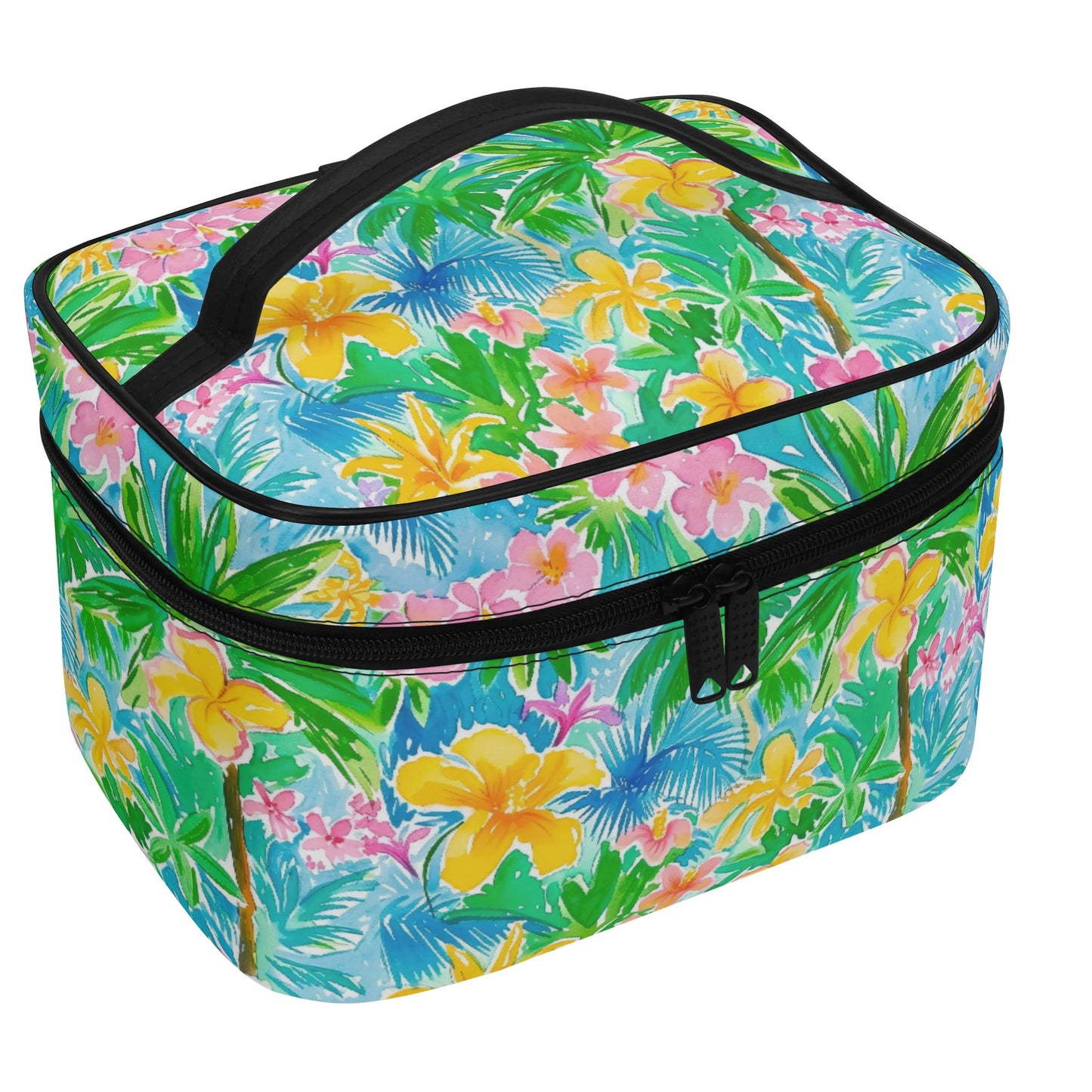 Tropical Harmony: Watercolor Yellow and Pink Hibiscus Flowers with Blue and Green Palm Leaves Cosmetic or Toiletry Bag Faux Leather (PU)