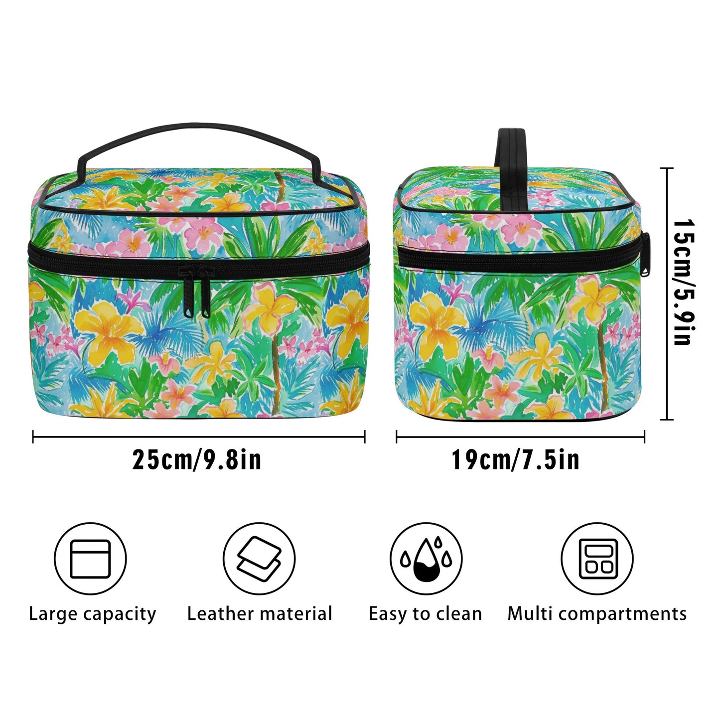 Tropical Harmony: Watercolor Yellow and Pink Hibiscus Flowers with Blue and Green Palm Leaves Cosmetic or Toiletry Bag Faux Leather (PU)