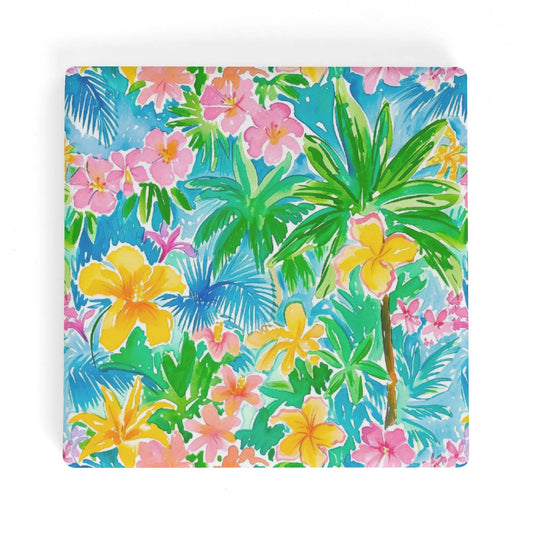 Tropical Harmony: Watercolor Yellow and Pink Hibiscus Flowers with Blue and Green Palm Leaves Square Ceramic Coasters - Set of 4