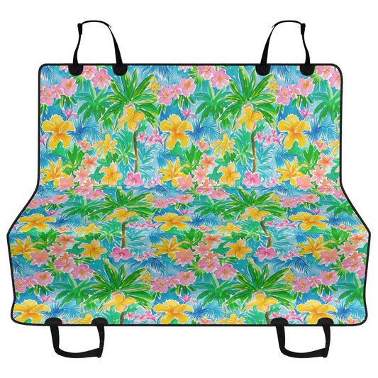 Tropical Harmony: Watercolor Yellow and Pink Hibiscus Flowers with Blue and Green Palm Leaves Car Pet Seat Cover 2 Sizes