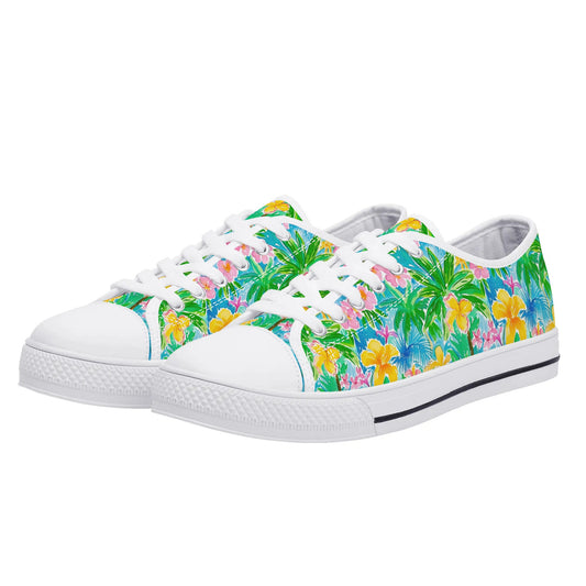 Tropical Harmony: Watercolor Yellow and Pink Hibiscus Flowers with Blue and Green Palm Leaves Womens Low Top Canvas Sneakers US5.5 - US12