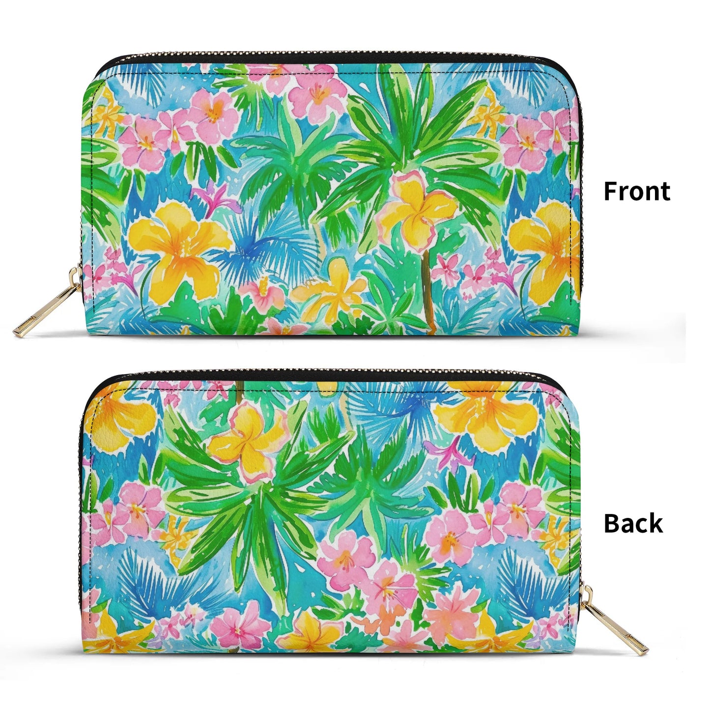 Tropical Harmony: Watercolor Yellow and Pink Hibiscus Flowers with Blue and Green Palm Leaves - Leather Wallet (PU)