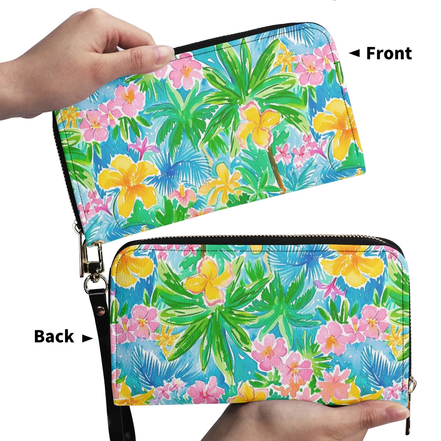 Tropical Harmony: Watercolor Yellow and Pink Hibiscus Flowers with Blue and Green Palm Leaves - Leather Wallet (PU)