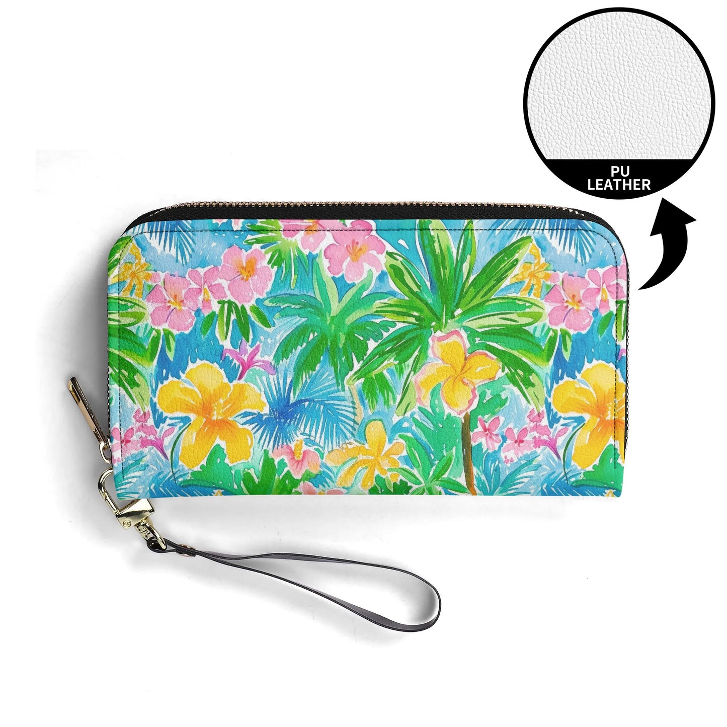 Tropical Harmony: Watercolor Yellow and Pink Hibiscus Flowers with Blue and Green Palm Leaves - Leather Wallet (PU)