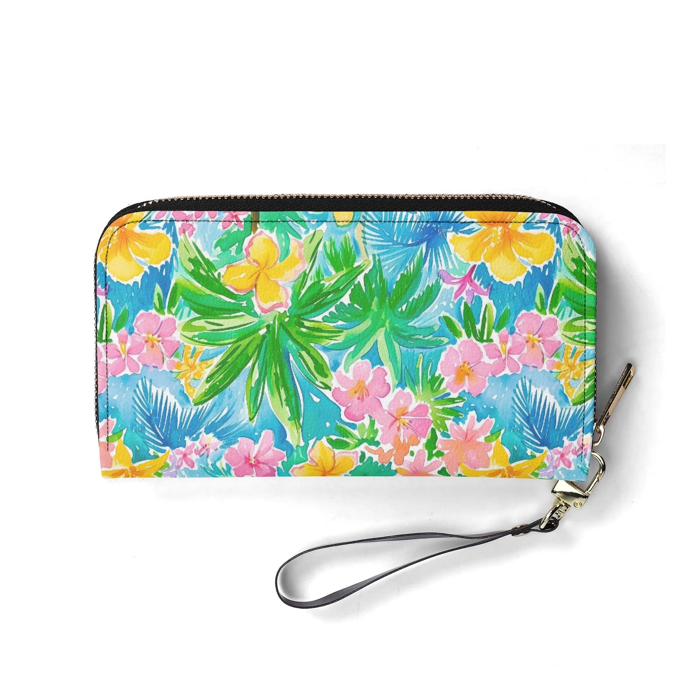 Tropical Harmony: Watercolor Yellow and Pink Hibiscus Flowers with Blue and Green Palm Leaves - Leather Wallet (PU)