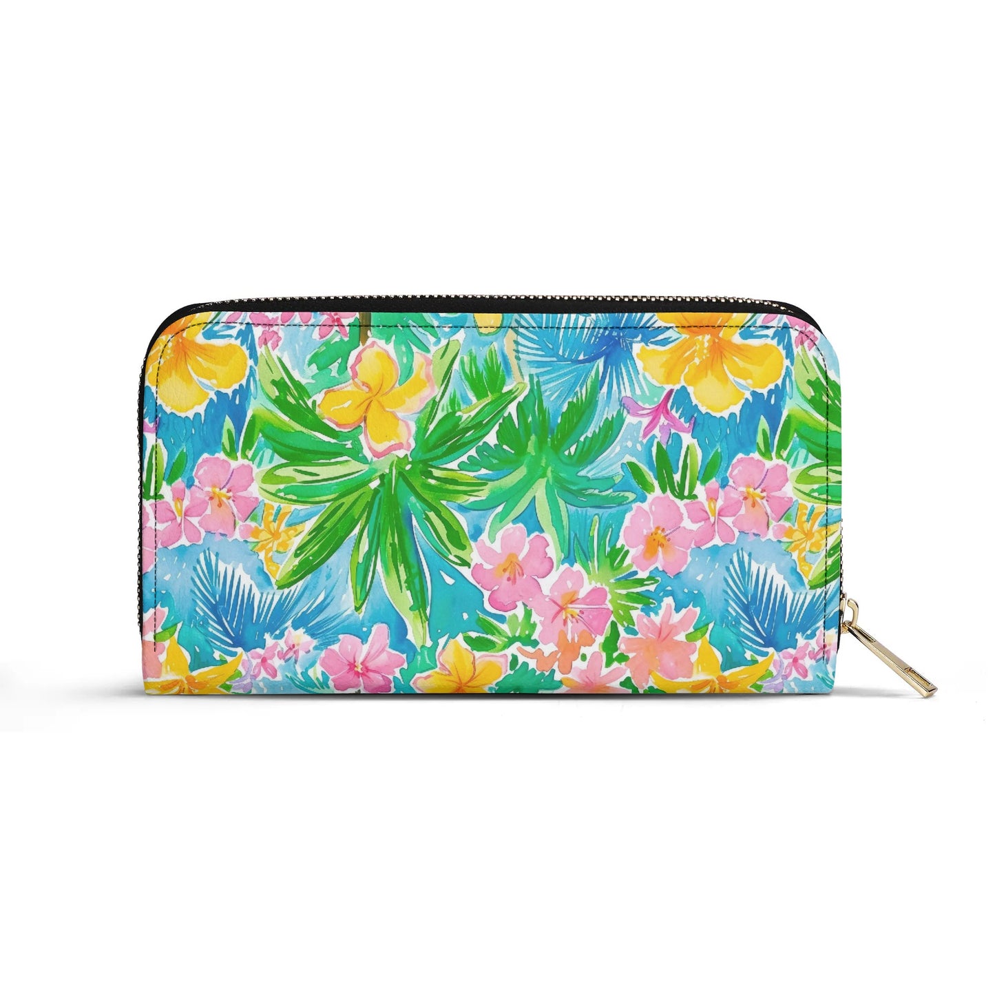 Tropical Harmony: Watercolor Yellow and Pink Hibiscus Flowers with Blue and Green Palm Leaves - Leather Wallet (PU)