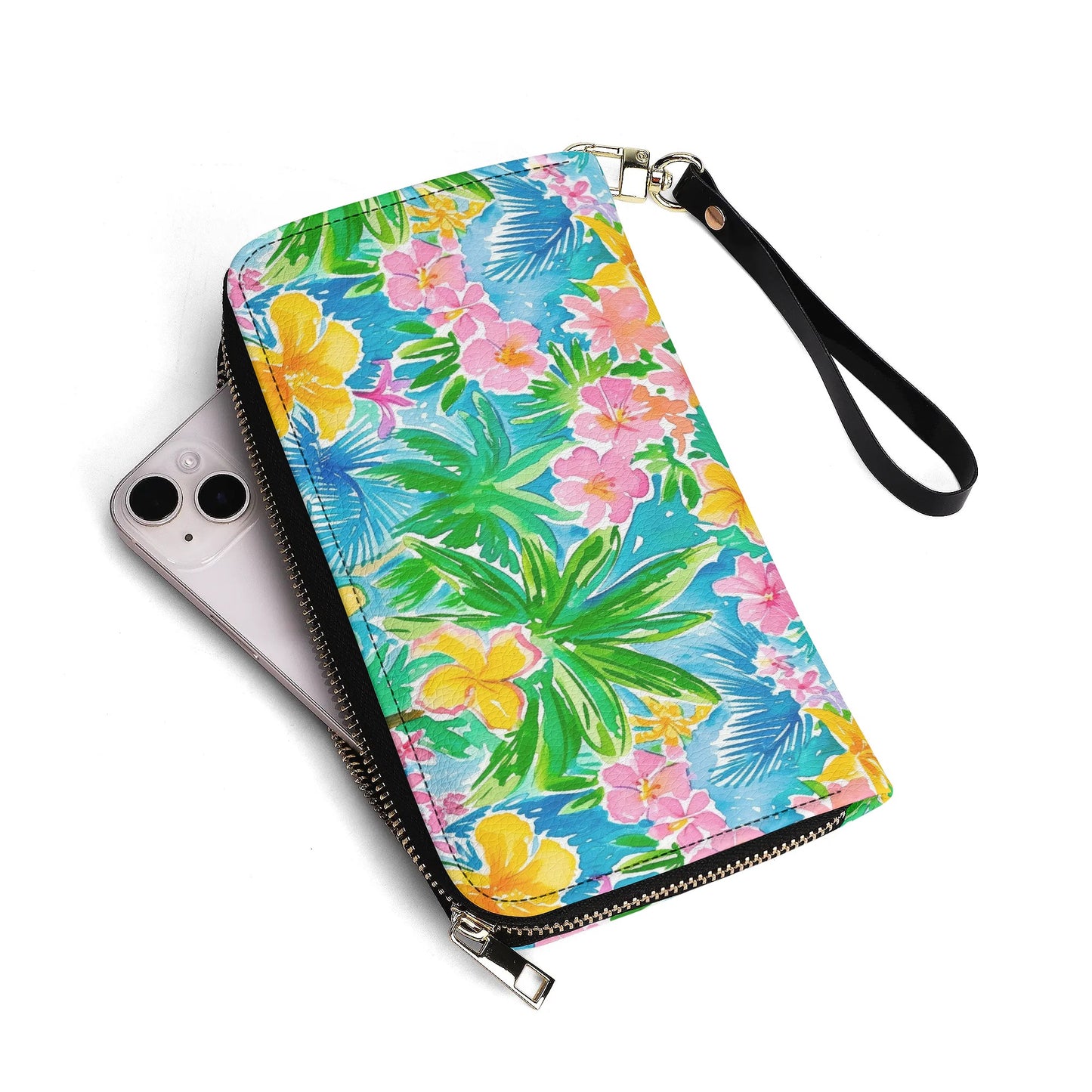 Tropical Harmony: Watercolor Yellow and Pink Hibiscus Flowers with Blue and Green Palm Leaves - Leather Wallet (PU)