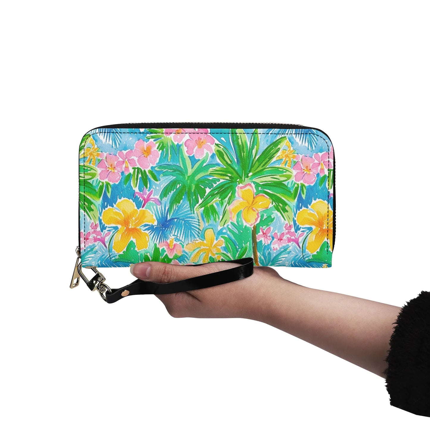 Tropical Harmony: Watercolor Yellow and Pink Hibiscus Flowers with Blue and Green Palm Leaves - Leather Wallet (PU)