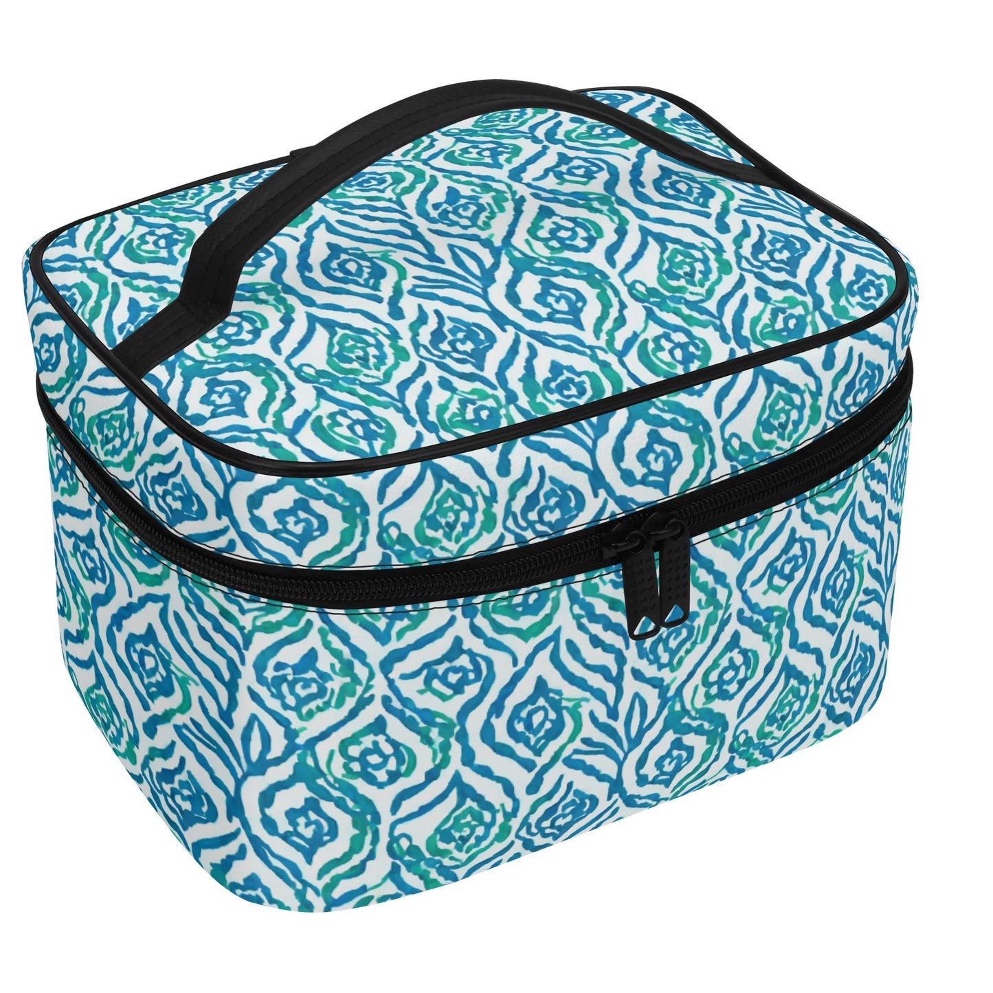 Cool Breeze Elegance: Abstract Damask Pattern in Green and Blue Cosmetic or Toiletry Bag Faux Leather (PU)