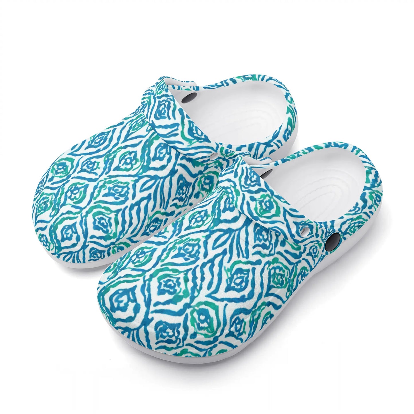 Cool Breeze Elegance: Abstract Damask Pattern in Green and Blue Casual Lightweight Slip On Nurse Style Clogs