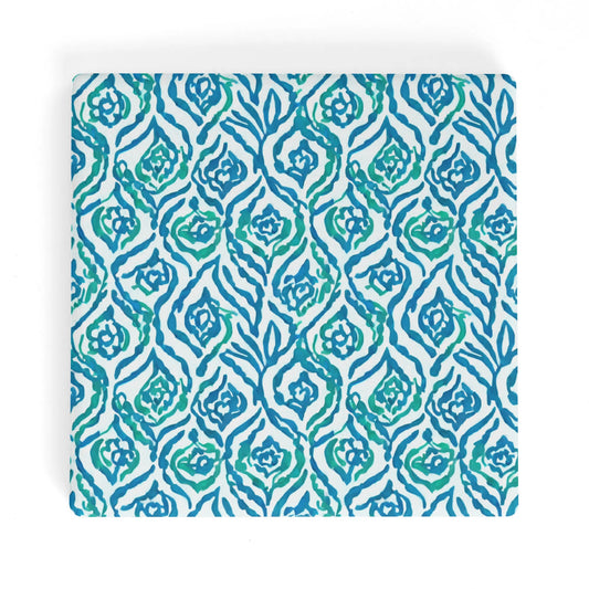 Cool Breeze Elegance: Abstract Damask Pattern in Green and Blue Square Ceramic Coasters - Set of 4