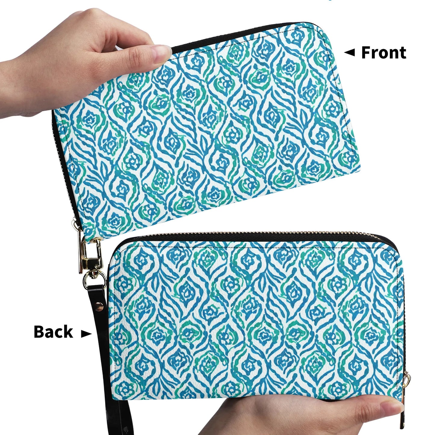 Cool Breeze Elegance: Abstract Damask Pattern in Green and Blue - Leather Wallet (PU)