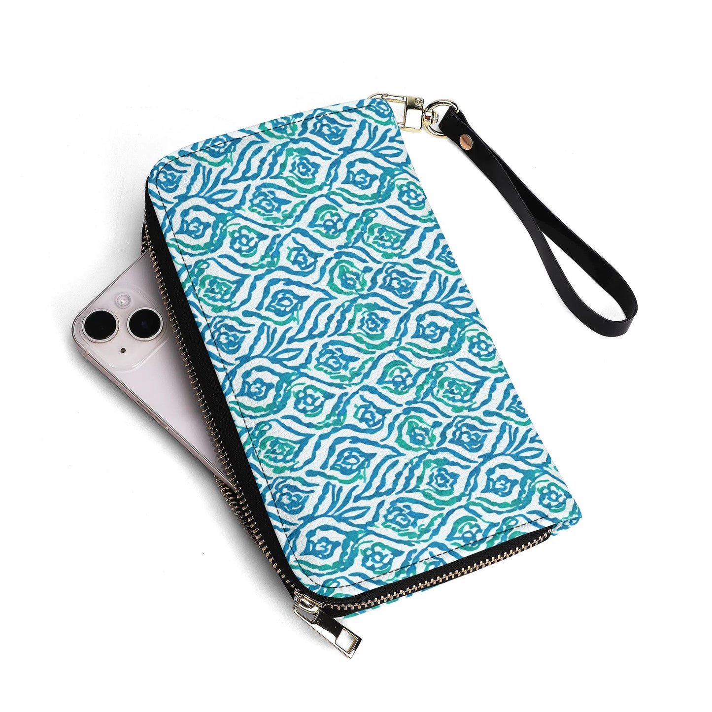 Cool Breeze Elegance: Abstract Damask Pattern in Green and Blue - Leather Wallet (PU)