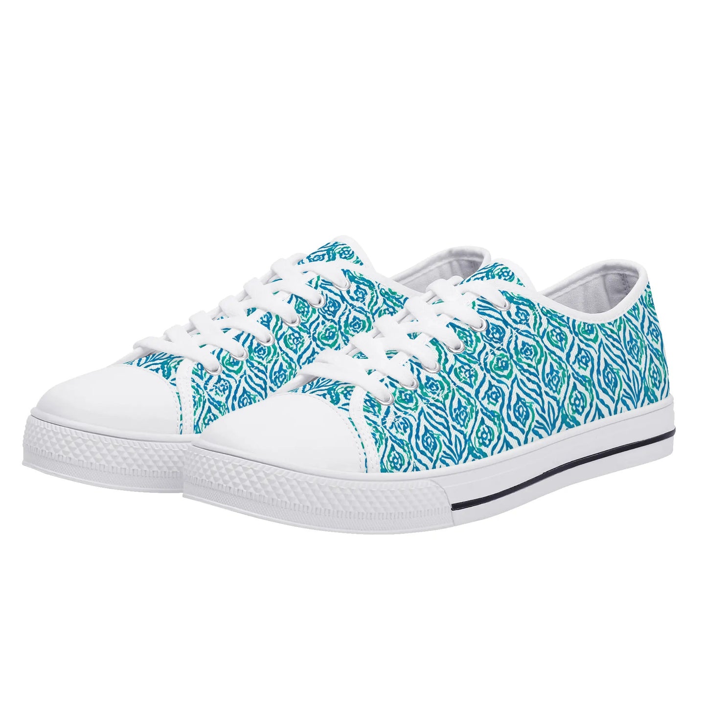 Cool Breeze Elegance: Abstract Damask Pattern in Green and Blue Womens Low Top Canvas Sneakers US5.5 - US12