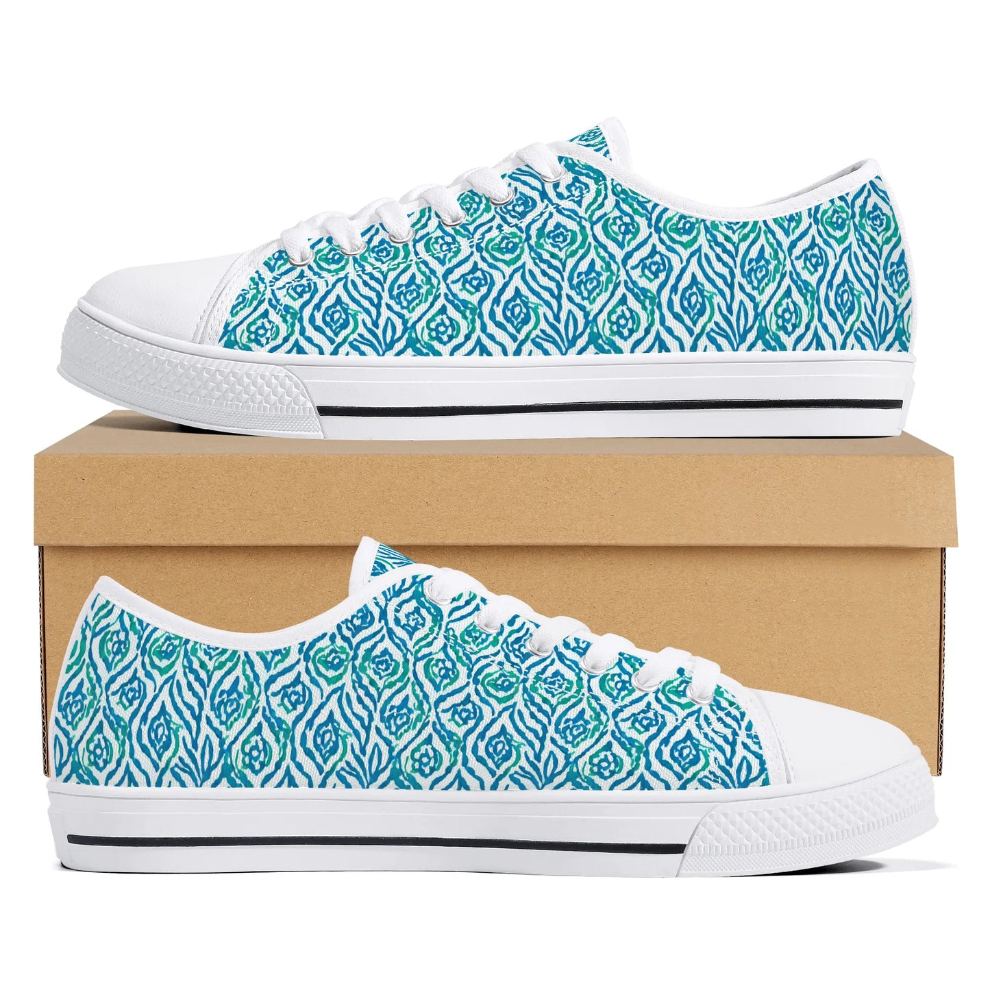 Cool Breeze Elegance: Abstract Damask Pattern in Green and Blue Womens Low Top Canvas Sneakers US5.5 - US12