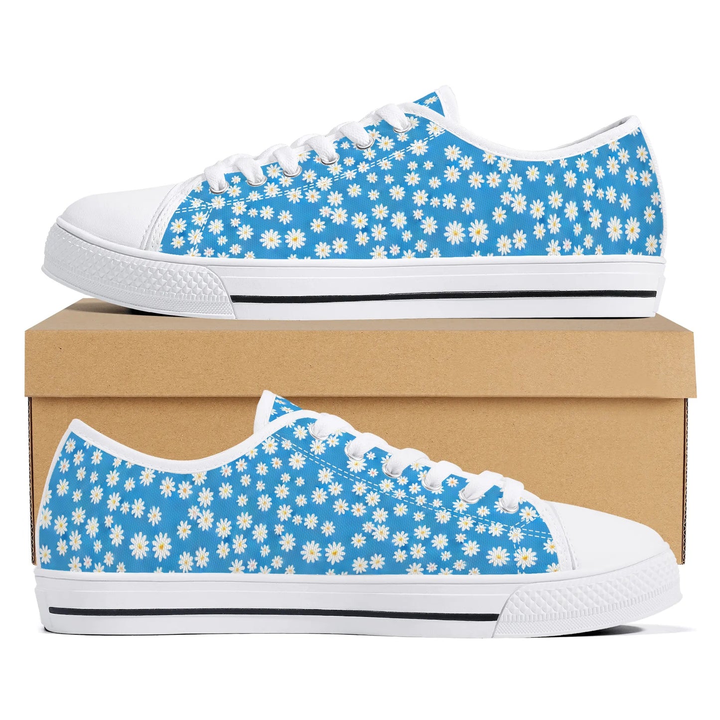 Skys Whisper: Tiny White Daisies on a Serene Blue Womens Low Top Canvas Sneakers US5.5 - US12