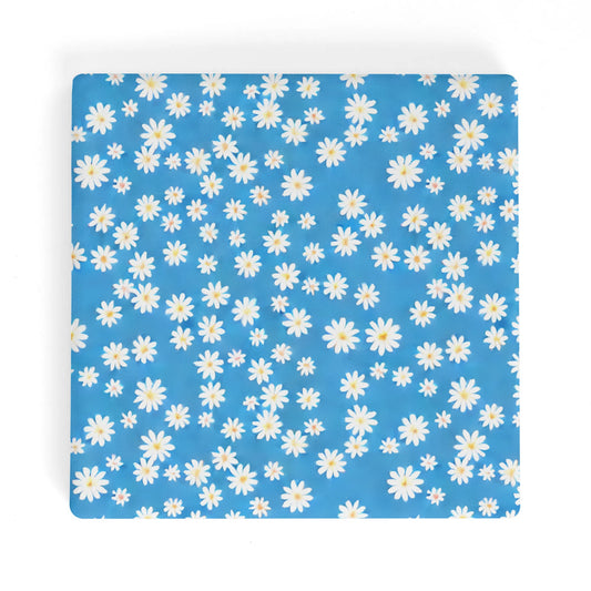 Skys Whisper: Tiny White Daisies on a Serene Blue Square Ceramic Coasters - Set of 4