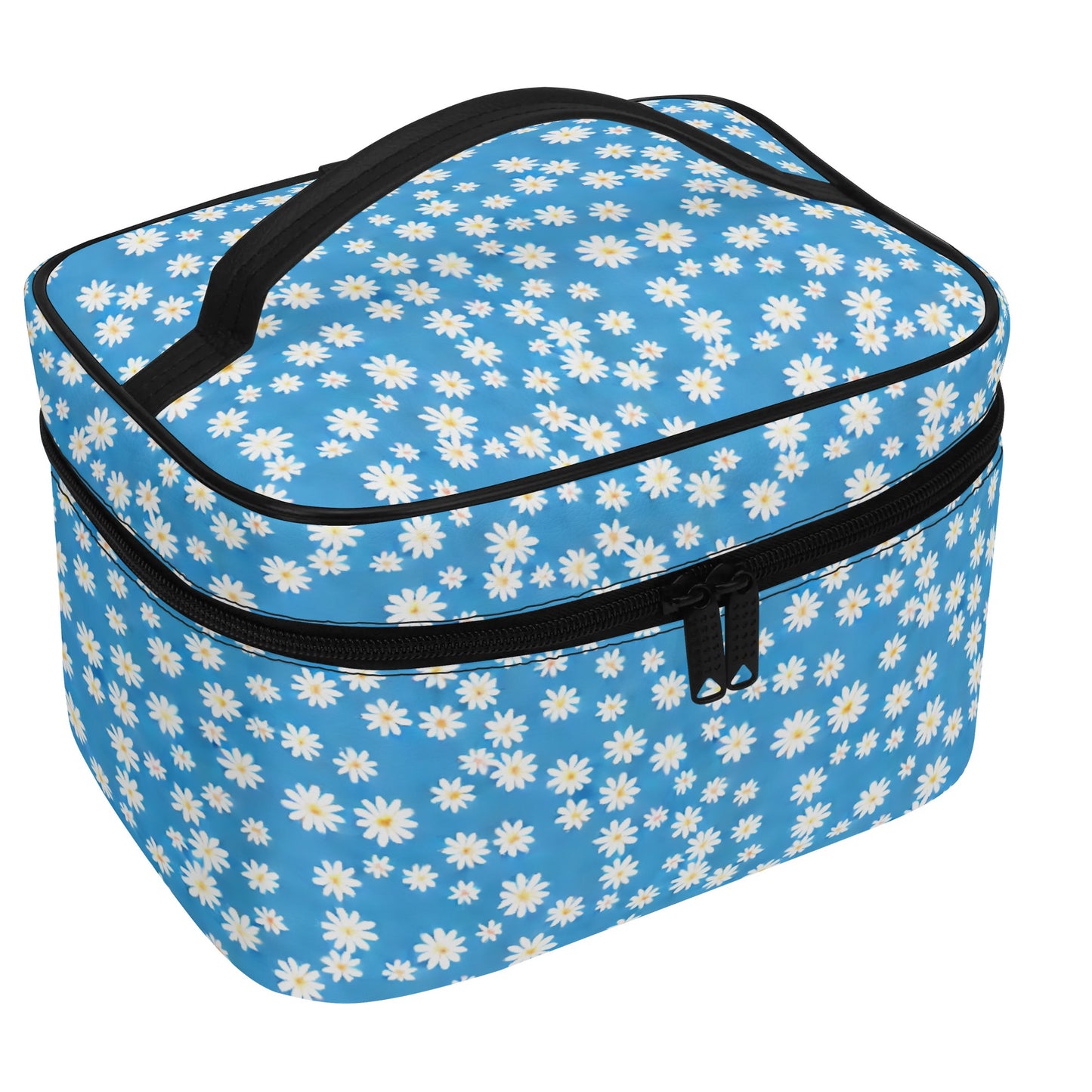 Skys Whisper: Tiny White Daisies on a Serene Blue Cosmetic or Toiletry Bag Faux Leather (PU)