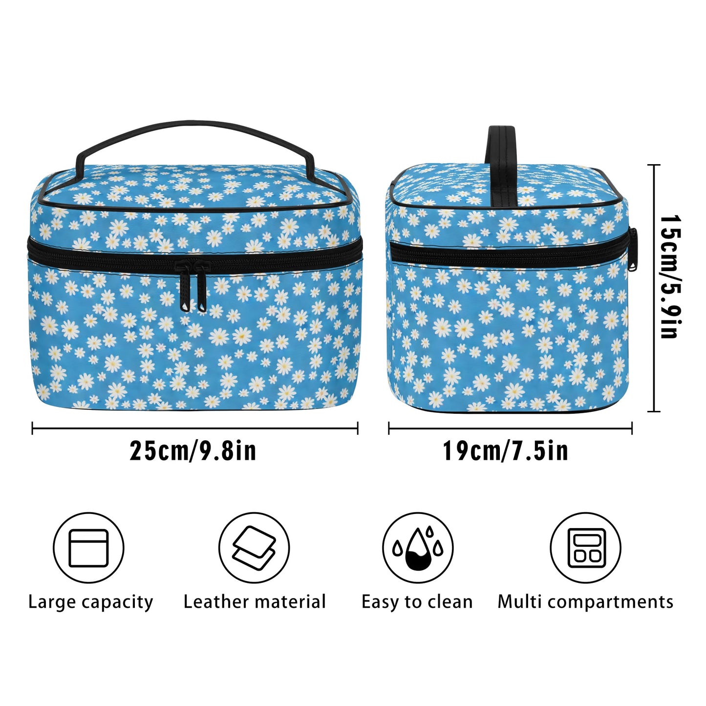 Skys Whisper: Tiny White Daisies on a Serene Blue Cosmetic or Toiletry Bag Faux Leather (PU)