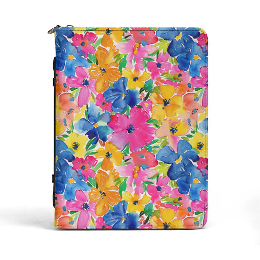 Springtime Kaleidoscope: Multi-color Watercolor Blossoms in Bloom PU Leather Bible Cover With Pocket