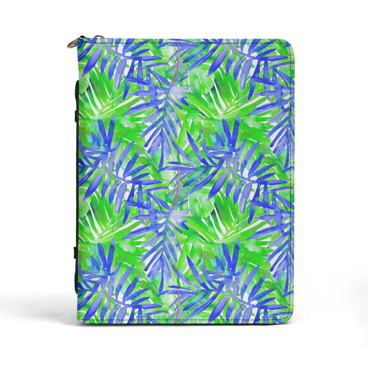 Tropical Harmony Blue and Green Palm Tree Leaves PU Leather Bible Cover With Pocket