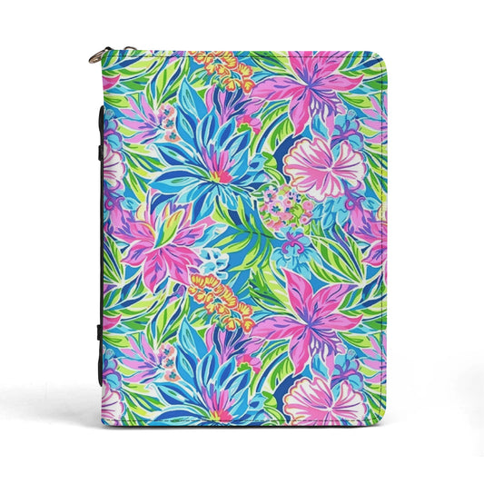 Summer Harmony: Pink and Blue Blooms with Lush Green Leaves PU Leather Book or Bible Cover With Pocket