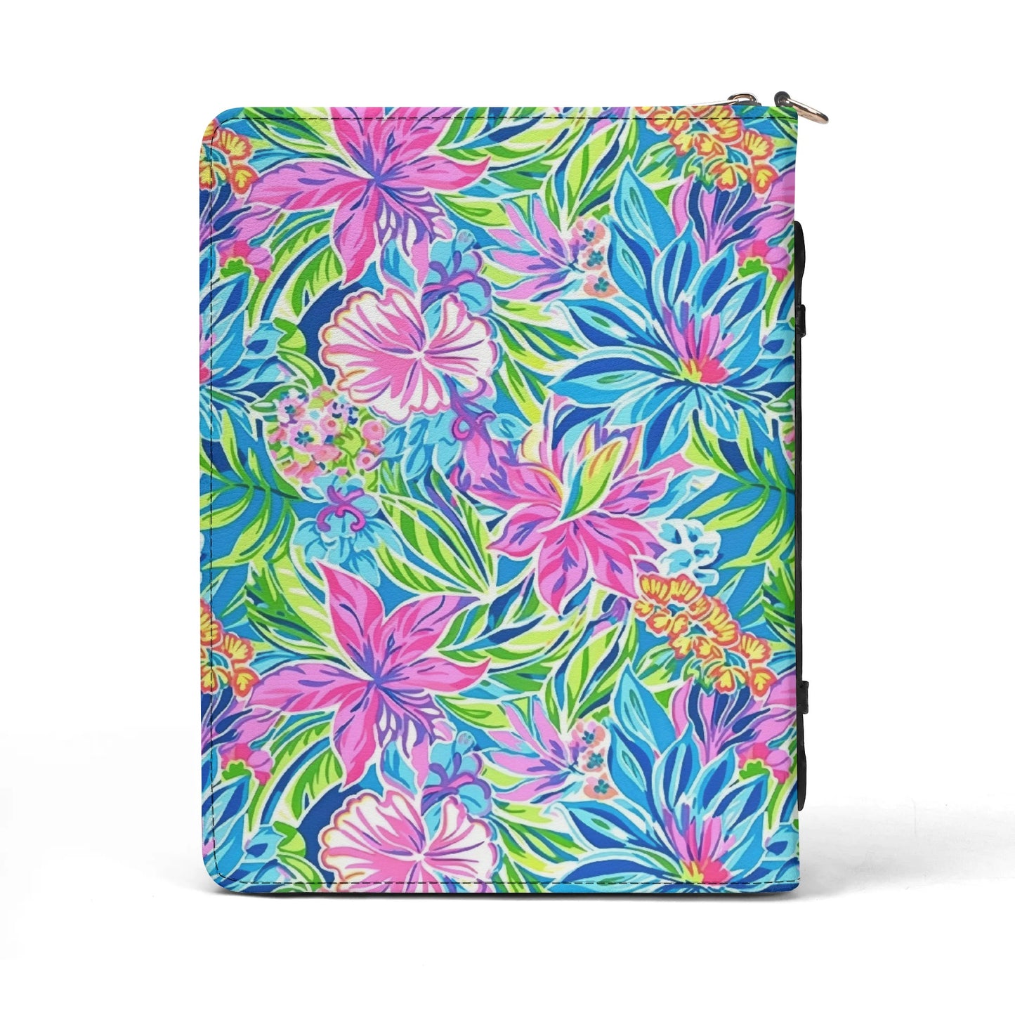 Summer Harmony: Pink and Blue Blooms with Lush Green Leaves PU Leather Book or Bible Cover With Pocket