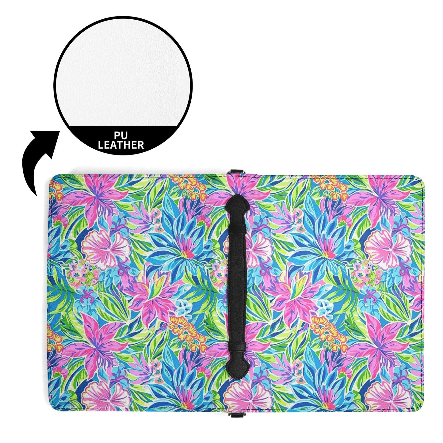 Summer Harmony: Pink and Blue Blooms with Lush Green Leaves PU Leather Book or Bible Cover With Pocket