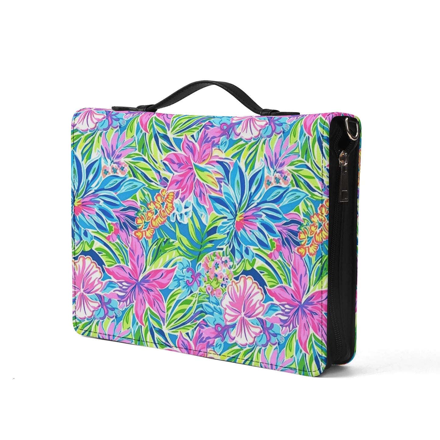 Summer Harmony: Pink and Blue Blooms with Lush Green Leaves PU Leather Book or Bible Cover With Pocket