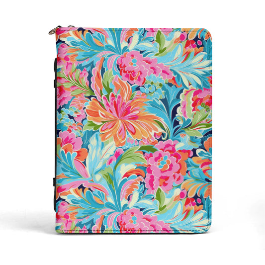 Tropical Radiance: Bursting Summer Blooms in Teal, Orange, and Pink PU Leather Book or Bible Cover With Pocket