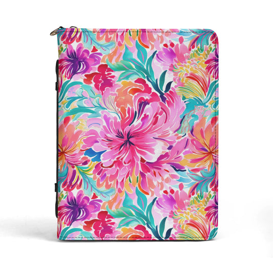 Rainbow Tropics: Watercolor Flowers in Vibrant Pink, Green and Orange Hues PU Leather Book or Bible Cover With Pocket