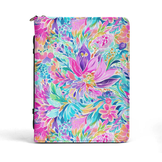 Tropical Prism: Rainbow Watercolor Flowers in Full Bloom PU Leather Book or Bible Cover With Pocket