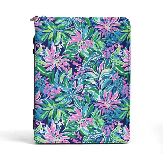 Seaside Blossoms: Coastal Spring Flowers in Pink, Green, and Navy Watercolors PU Leather Book or Bible Cover With Pocket