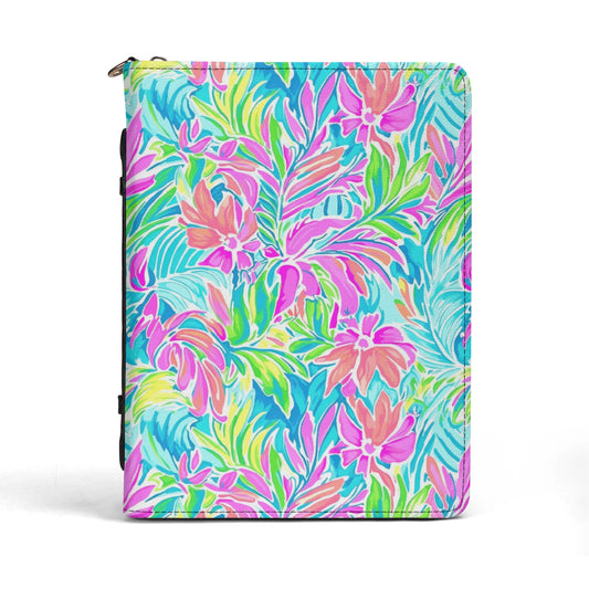 Neon Tropics: Vibrant Rainbow Flowers and Palm Leaves in Electric Splendor PU Leather Bible Cover With Pocket