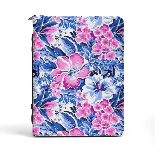 Bright Blooms: Pink and Blue Watercolor Hibiscus in Vivid Splendor PU Leather Book or Bible Cover With Pocket