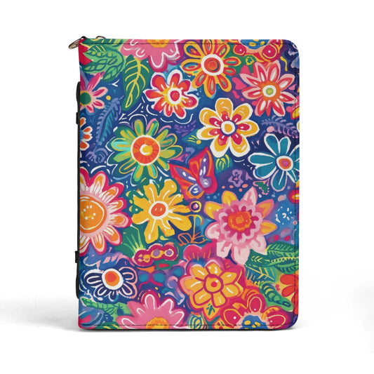 Fluttering Kaleidoscope: Vibrant Multicolor Flowers and Butterflies in Flight PU Leather Bible Cover With Pocket