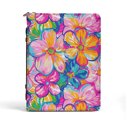 Chromatic Blossoms: Large Watercolor Flowers in Mixed Pinks, Blues, and Oranges PU Leather Book or Bible Cover With Pocket