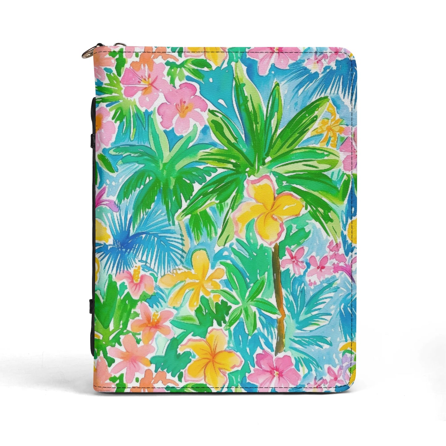 Tropical Harmony: Watercolor Yellow and Pink Hibiscus Flowers with Blue and Green Palm Leaves PU Leather Book or Bible Cover With Pocket